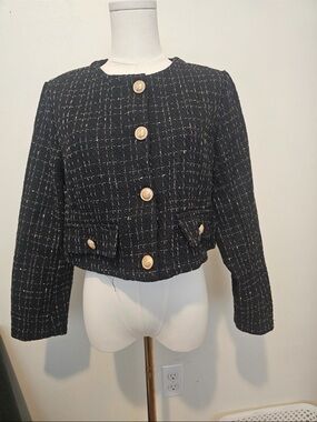 Black Tweed Button-Front Cropped Jacket
